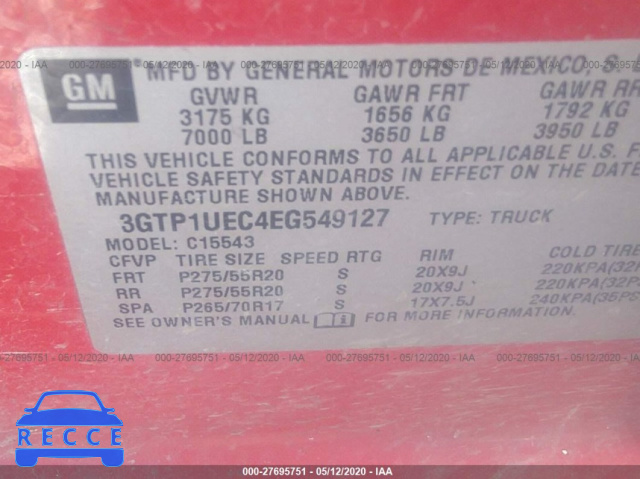 2014 GMC SIERRA 1500 SLE 3GTP1UEC4EG549127 image 8