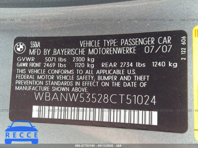 2008 BMW 5 SERIES I WBANW53528CT51024 Bild 8