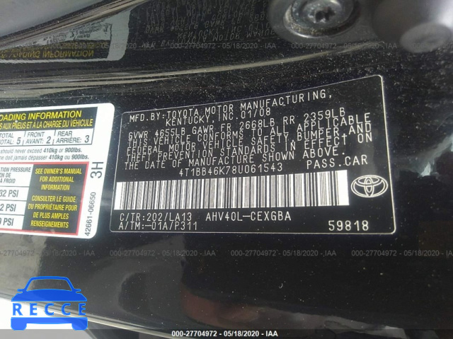 2008 TOYOTA CAMRY HYBRID HYBRID 4T1BB46K78U061543 зображення 8