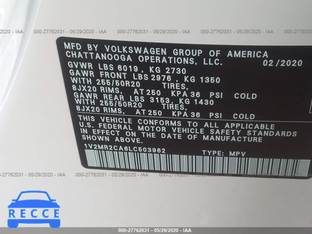 2020 VOLKSWAGEN ATLAS 3.6L V6 SEL 1V2MR2CA6LC503962 image 8