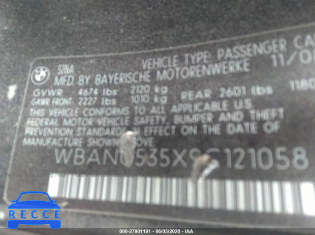 2009 BMW 5 SERIES 528I WBANU535X9C121058 Bild 8