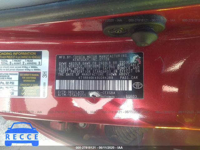 2009 TOYOTA CAMRY HYBRID 4T1BB46K49U084389 Bild 8