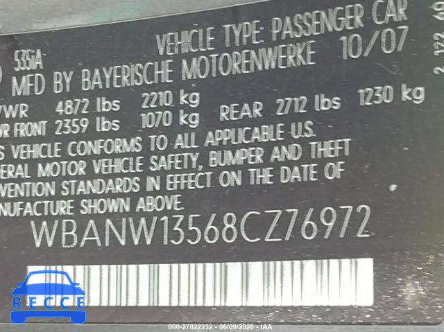 2008 BMW 5 SERIES 535I WBANW13568CZ76972 зображення 8