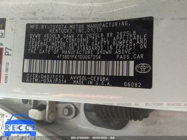 2013 TOYOTA CAMRY HYBRID HYBRID/LE/XLE 4T1BD1FK1DU067258 image 8