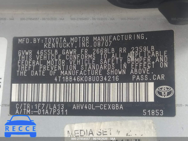 2008 TOYOTA CAMRY HYBRID HYBRID 4T1BB46K08U034216 image 8