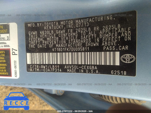 2013 TOYOTA CAMRY HYBRID HYBRID/LE/XLE 4T1BD1FK7DU095811 image 8