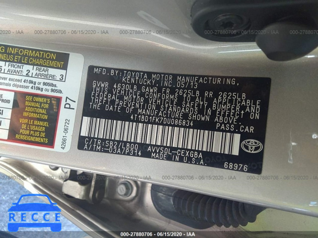2013 TOYOTA CAMRY HYBRID HYBRID/LE/XLE 4T1BD1FK7DU086834 image 8