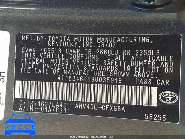 2008 TOYOTA CAMRY HYBRID 4T1BB46K68U035919 image 8