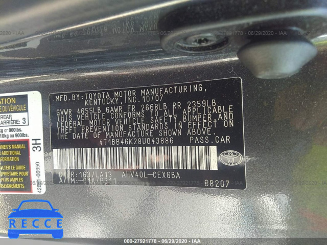 2008 TOYOTA CAMRY HYBRID HYBRID 4T1BB46K28U043886 image 8