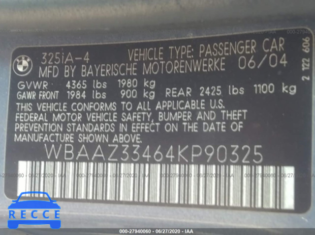 2004 BMW 3 SERIES IS SULEV WBAAZ33464KP90325 image 8