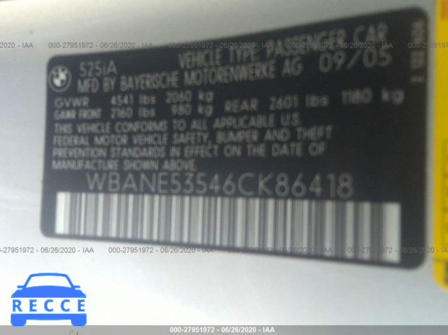 2006 BMW 5 SERIES 525I WBANE53546CK86418 image 8