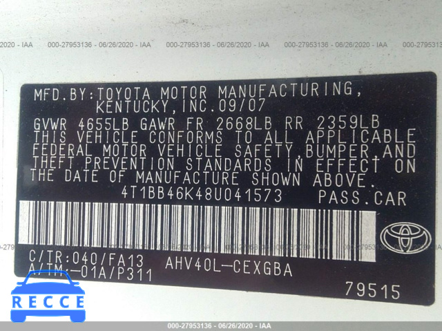 2008 TOYOTA CAMRY HYBRID HYBRID 4T1BB46K48U041573 image 8
