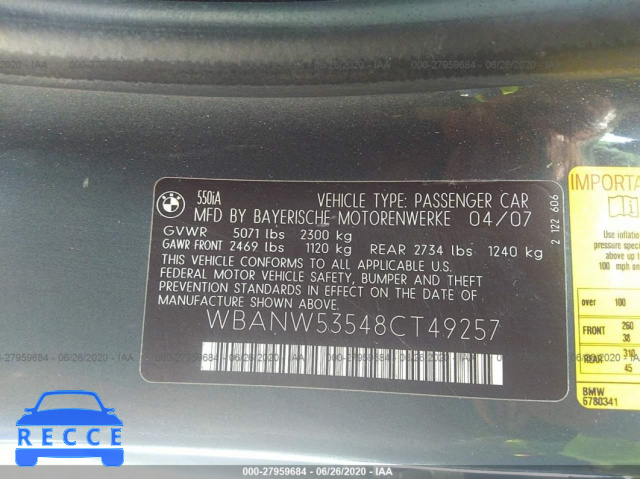 2008 BMW 5 SERIES I WBANW53548CT49257 Bild 8