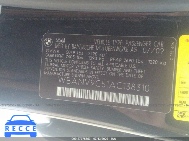 2010 BMW 5 SERIES 535I XDRIVE WBANV9C51AC138310 Bild 8