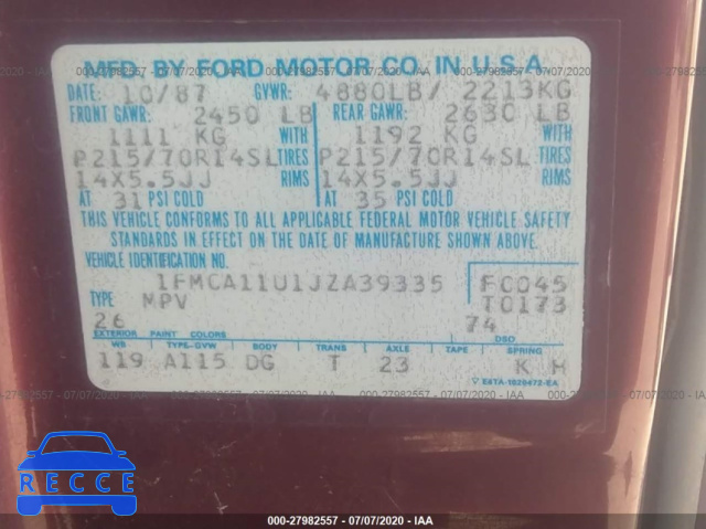 1988 FORD AEROSTAR 1FMCA11U1JZA39335 image 8