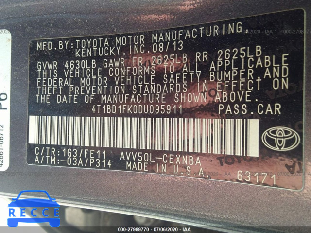 2013 TOYOTA CAMRY HYBRID LE/XLE 4T1BD1FK0DU095911 image 8