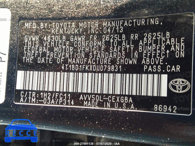 2013 TOYOTA CAMRY HYBRID HYBRID/LE/XLE 4T1BD1FKXDU079831 image 8