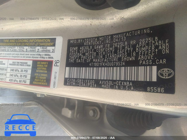 2013 TOYOTA CAMRY HYBRID LE/XLE 4T1BD1FK4DU079534 image 8