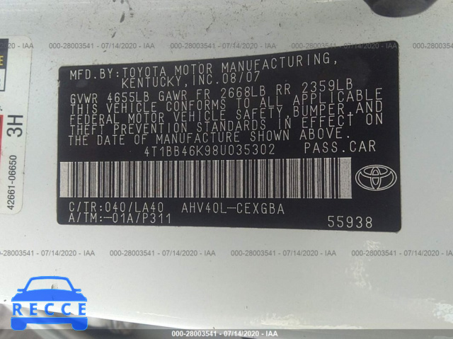 2008 TOYOTA CAMRY HYBRID HYBRID 4T1BB46K98U035302 image 8