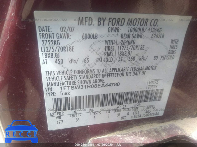2008 FORD SUPER DUTY F-350 SRW SRW SUPER DUTY 1FTSW31R08EA44780 image 8