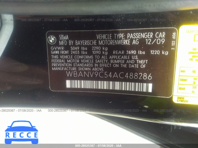 2010 BMW 5 SERIES XI WBANV9C54AC488286 Bild 8