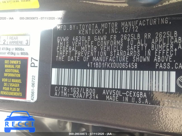 2013 TOYOTA CAMRY HYBRID HYBRID/LE/XLE 4T1BD1FKXDU065458 зображення 8