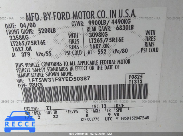2000 FORD SUPER DUTY F-350 SRW SRW SUPER DUTY 1FTSW31F8YED50387 image 8