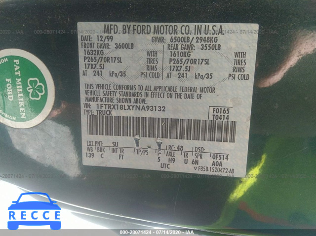 2000 FORD F-150 1FTRX18LXYNA93132 image 8