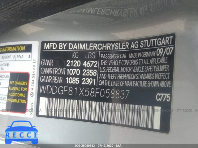 2008 MERCEDES-BENZ C-CLASS 3.0L WDDGF81X58F058837 image 8