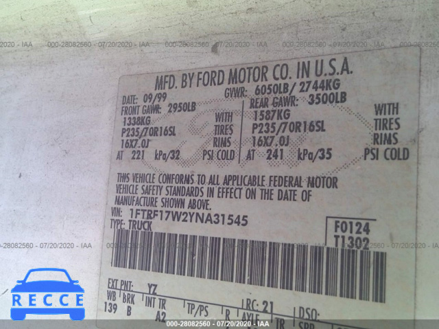 2000 FORD F-150 1FTRF17W2YNA31545 image 8
