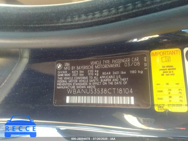 2008 BMW 5 SERIES I WBANU53538CT18104 Bild 8