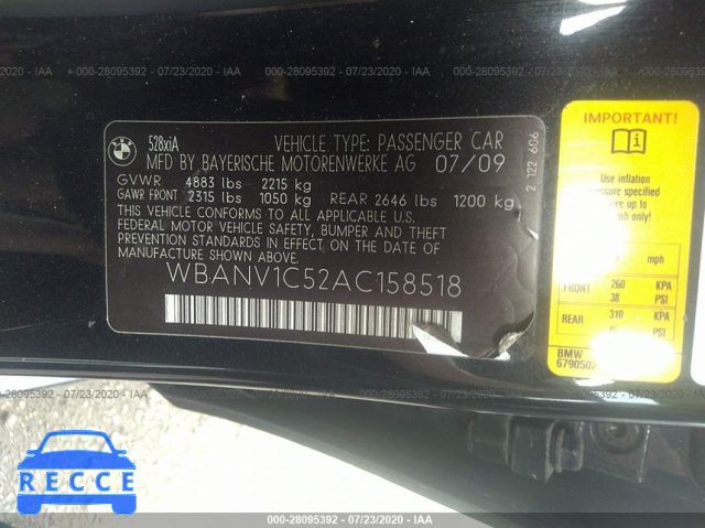 2010 BMW 5 SERIES 528I XDRIVE WBANV1C52AC158518 Bild 8