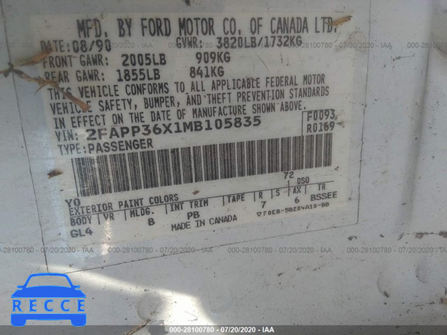 1991 FORD TEMPO GL 2FAPP36X1MB105835 image 8