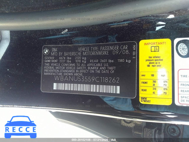 2009 BMW 5 SERIES 528I WBANU53559C118262 Bild 8