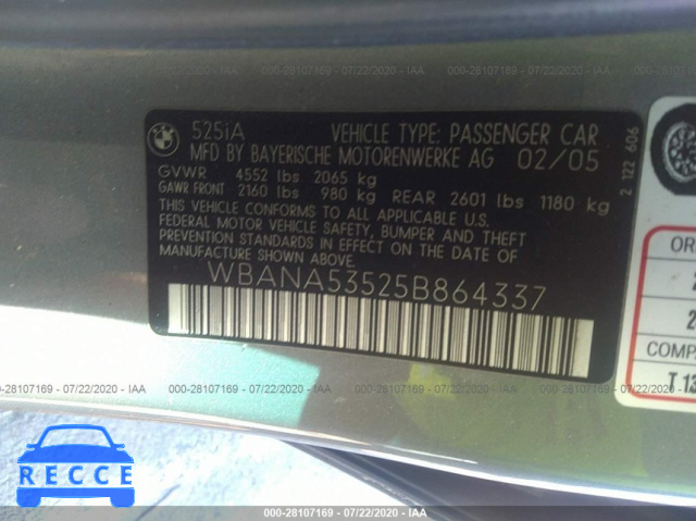 2005 BMW 5 SERIES 525I WBANA53525B864337 Bild 8