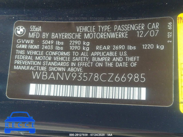 2008 BMW 5 SERIES XI WBANV93578CZ66985 Bild 8