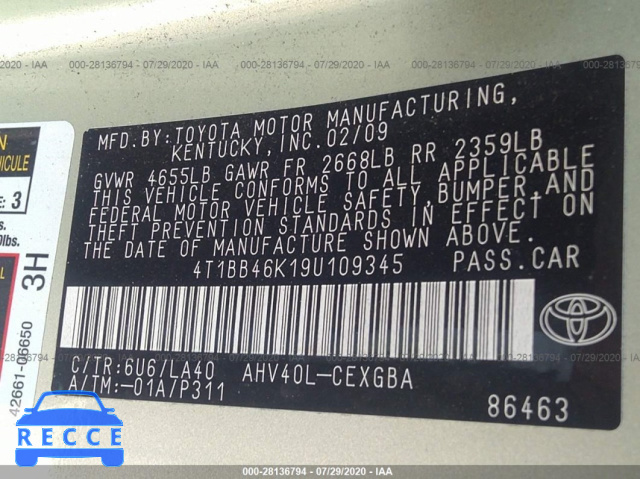 2009 TOYOTA CAMRY HYBRID HYBRID 4T1BB46K19U109345 image 8