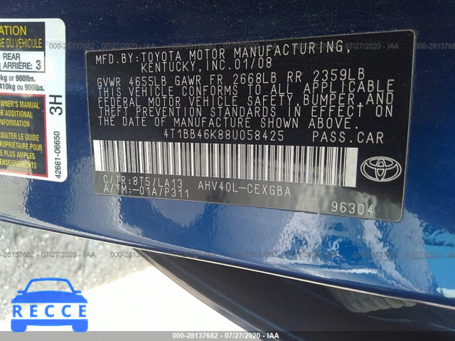 2008 TOYOTA CAMRY HYBRID 4T1BB46K88U058425 image 8