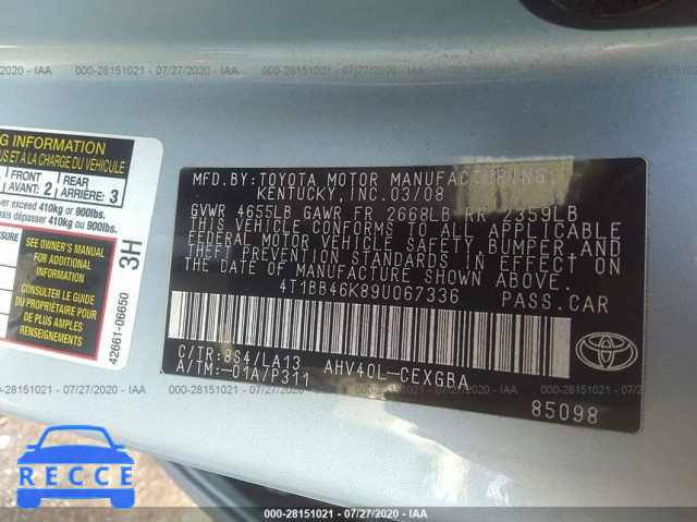 2009 TOYOTA CAMRY HYBRID 4T1BB46K89U067336 image 8