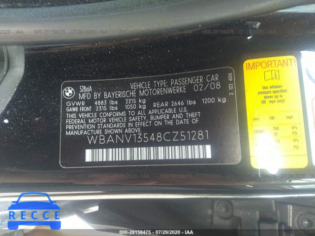 2008 BMW 5 SERIES 528XI WBANV13548CZ51281 Bild 8