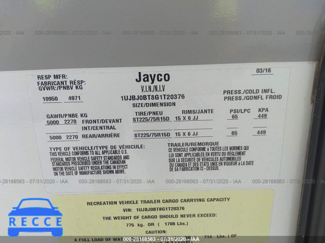 2016 JAYCO OTHER 1UJBJ0BT8G1T20376 зображення 8