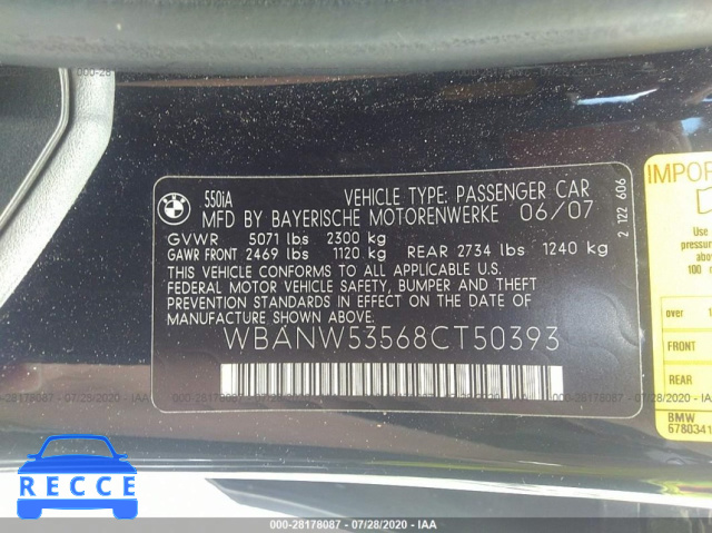 2008 BMW 5 SERIES 550I WBANW53568CT50393 Bild 8