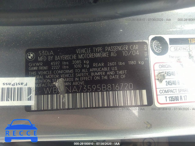 2005 BMW 5 SERIES 530I WBANA73595B816720 Bild 8