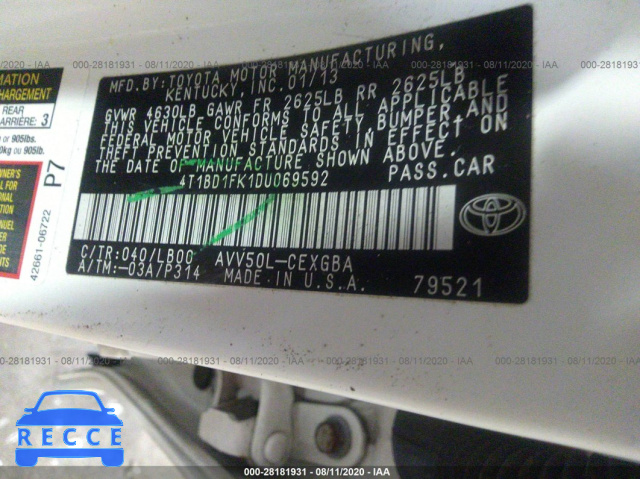 2013 TOYOTA CAMRY HYBRID LE/XLE 4T1BD1FK1DU069592 image 8