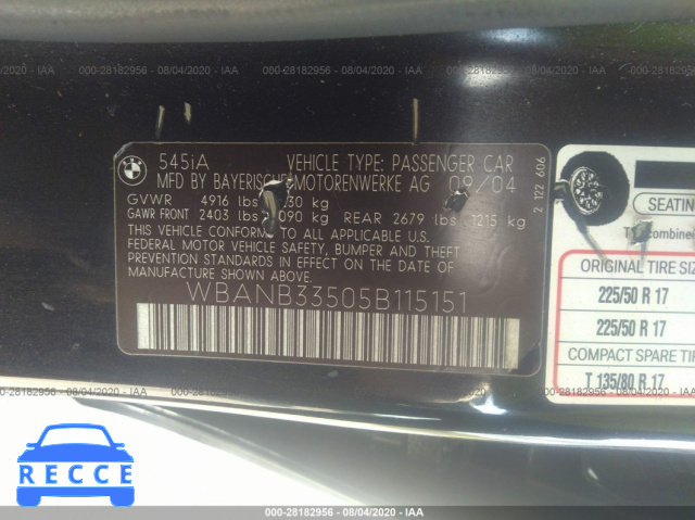 2005 BMW 5 SERIES 545I WBANB33505B115151 Bild 8