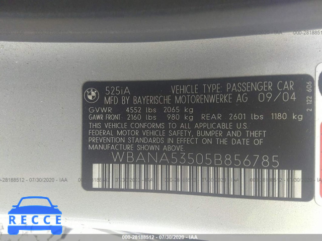 2005 BMW 5 SERIES 525I WBANA53505B856785 Bild 8