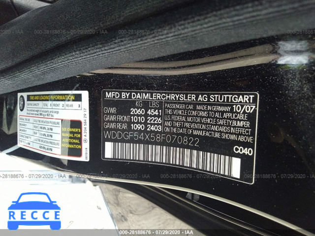 2008 MERCEDES-BENZ C-CLASS 3.0L WDDGF54X58F070822 image 8