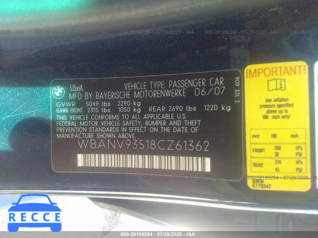 2008 BMW 5 SERIES 535XI WBANV93518CZ61362 Bild 8