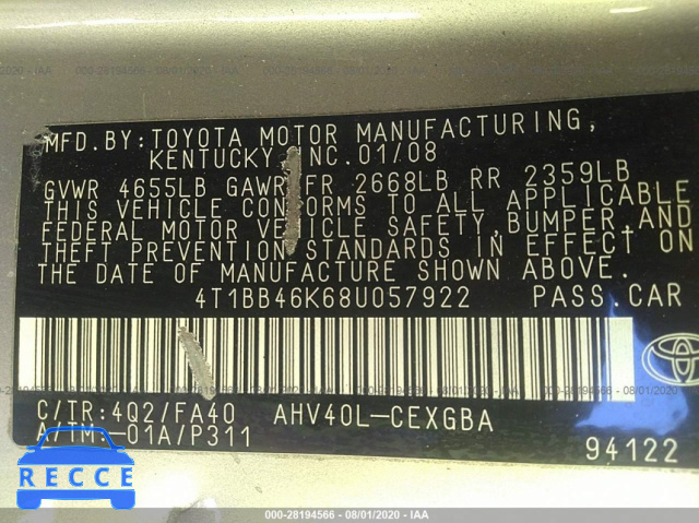 2008 TOYOTA CAMRY HYBRID 4T1BB46K68U057922 зображення 8