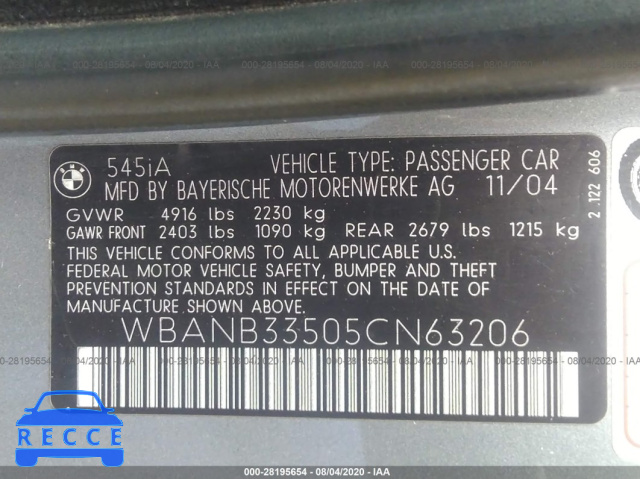 2005 BMW 5 SERIES 545I WBANB33505CN63206 Bild 8